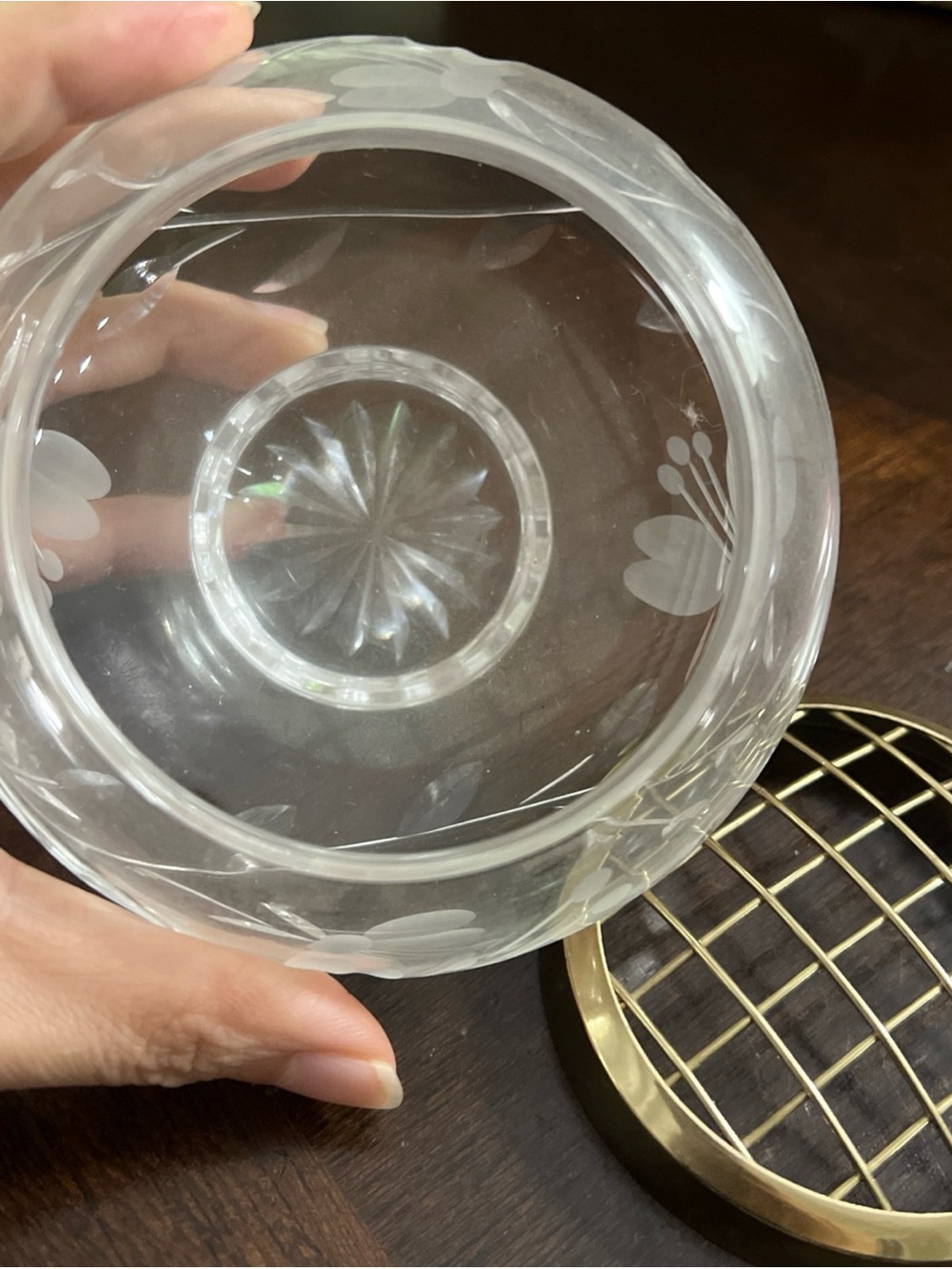 Cut Crystal Flower Frog Vase with Brass Lattice Top - Picture 9 of 9